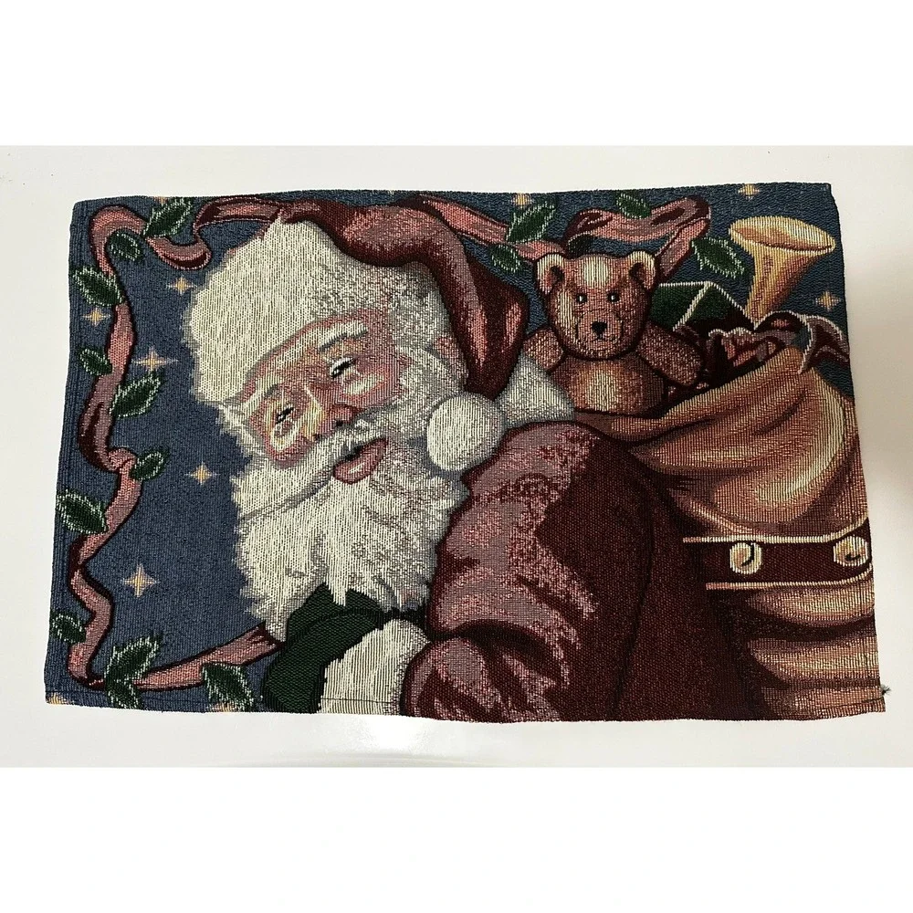Vintage Christmas Santa Woven Tapestry 5 Pc‎ Table Set 4 Placements Table Runner
